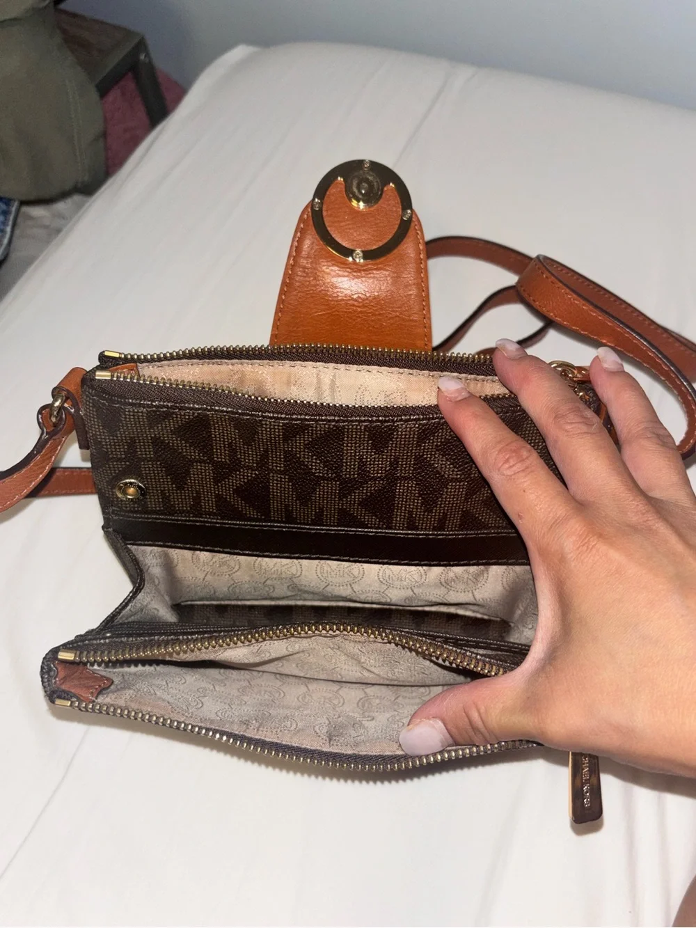 Michael Kors Brown Crossbody Wallet with Tan Trim